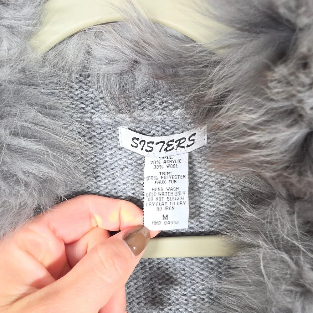 Sisters Cardigan Women's M Gray Wool Knit Faux Fur Short Sleeve Boho
